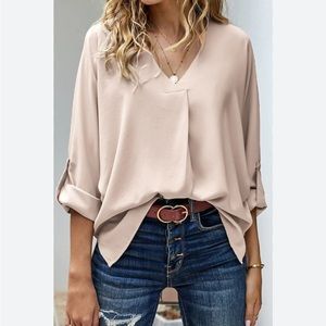 Beige V Neck Rolled Sleeve Split Hem Blouse